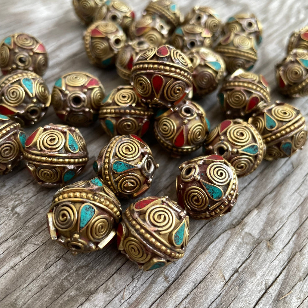 Handcraft Tibetan Brass Beads: Coral & Turquoise Inlay (1.5-inch)