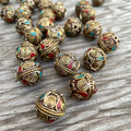 Handcraft Tibetan Brass Beads: Coral & Turquoise Inlay (1.5-inch)