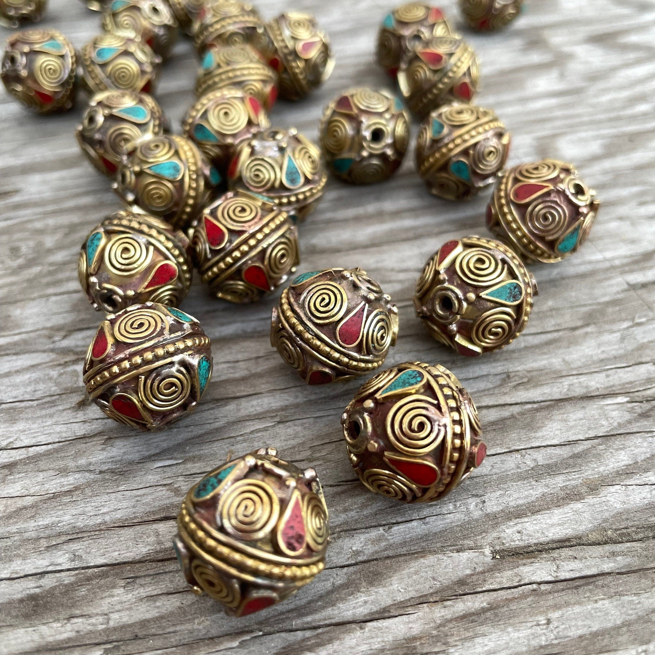 Handcraft Tibetan Brass Beads: Coral & Turquoise Inlay (1.5-inch)