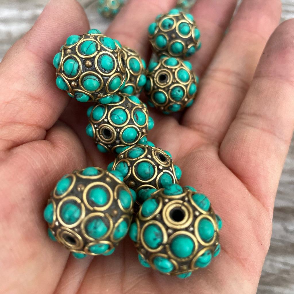Large Turquoise Inlay Beads: 1.5" Tibetan Brass Beads