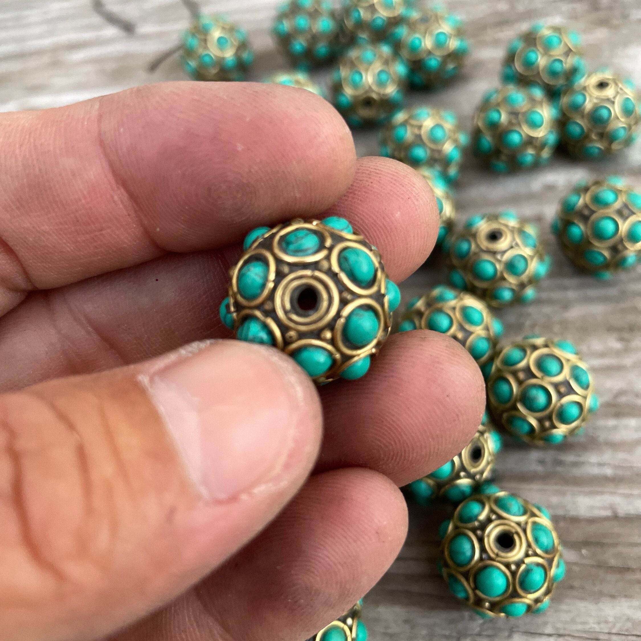 Large Turquoise Inlay Beads: 1.5" Tibetan Brass Beads