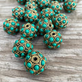 Large Turquoise Inlay Beads: 1.5" Tibetan Brass Beads