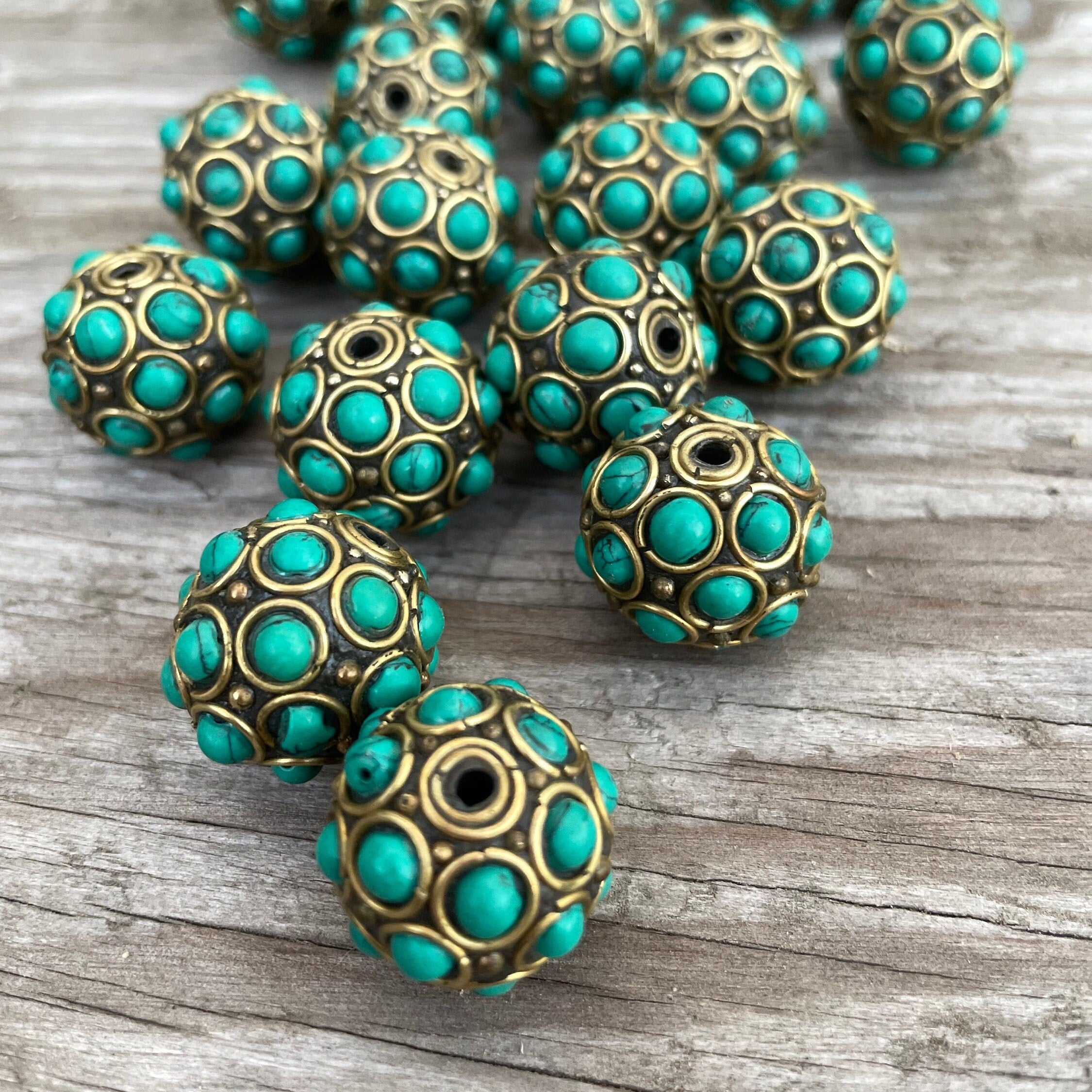 Large Turquoise Inlay Beads: 1.5" Tibetan Brass Beads