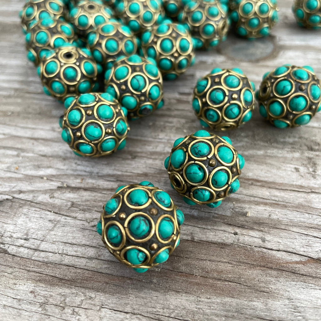Large Turquoise Inlay Beads: 1.5" Tibetan Brass Beads