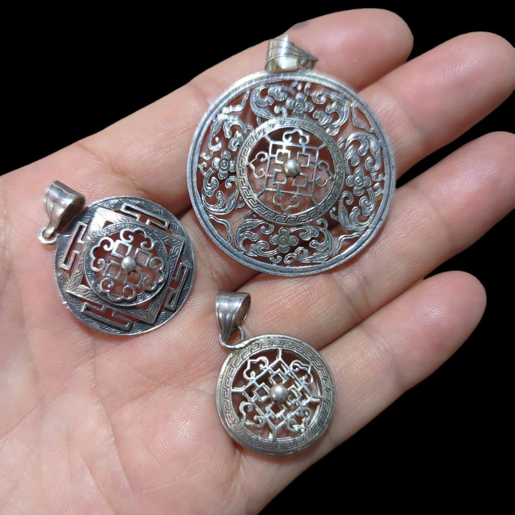 Silver Tibetan Mandala Pendant: Handmade Buddhist Jewelry