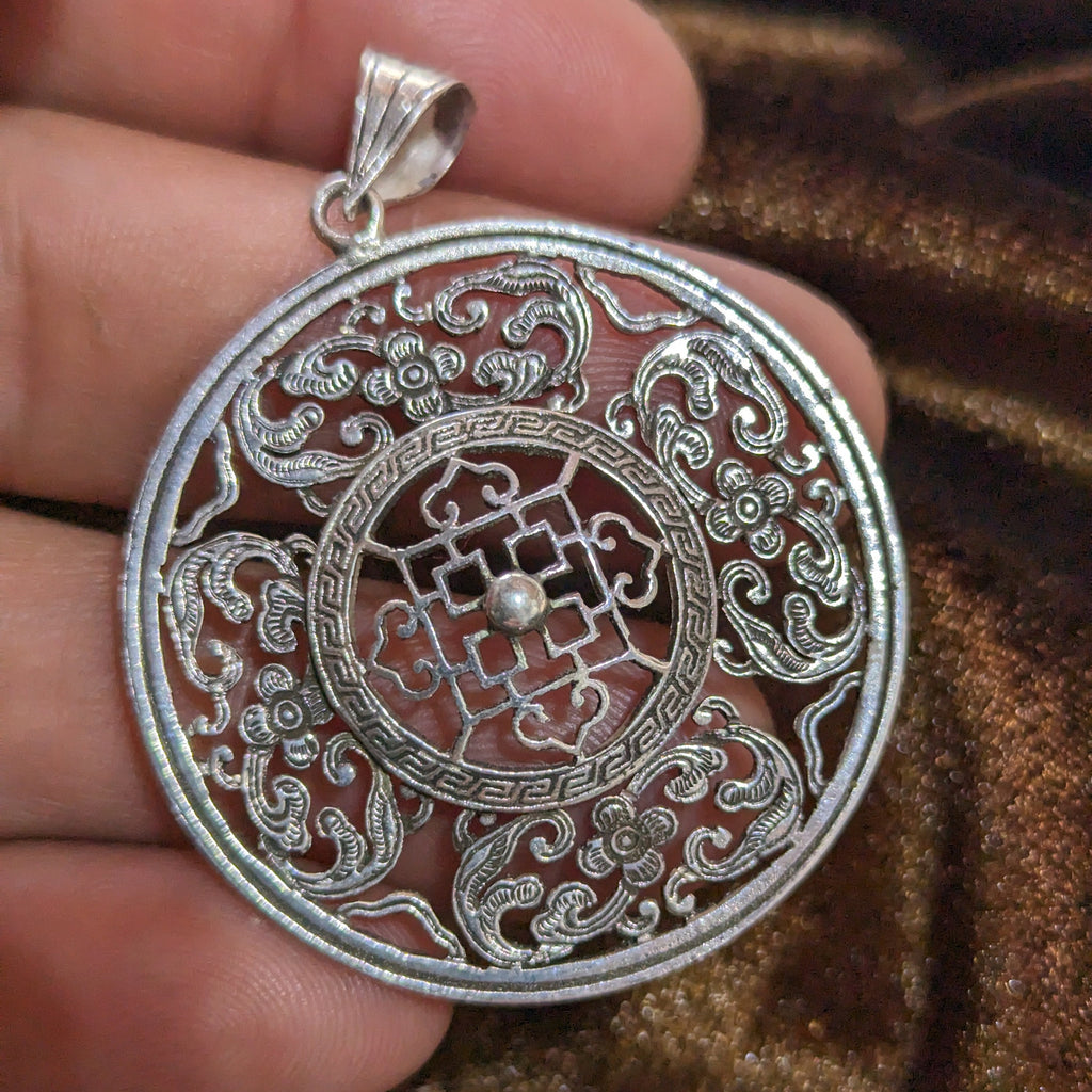 Silver Tibetan Mandala Pendant: Handmade Buddhist Jewelry