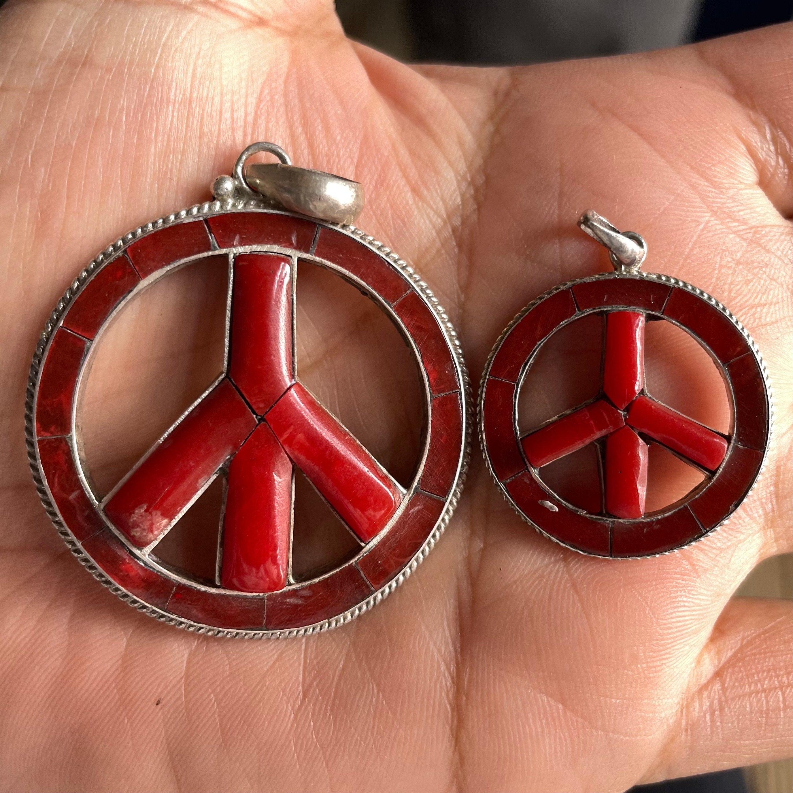 Silver Peace Pendant with Coral Inlay, Handmade Nepal Mandala Symbol