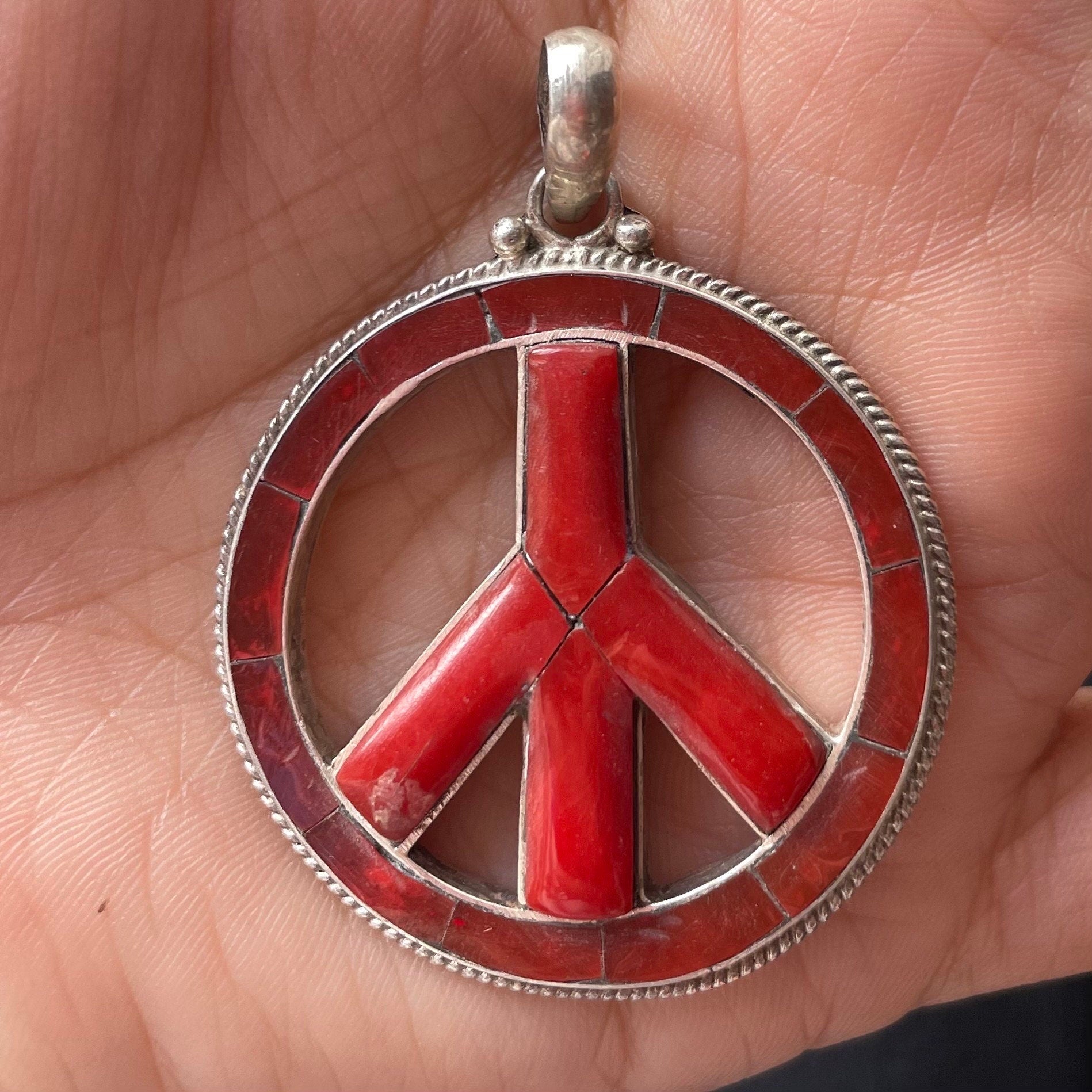 Silver Peace Pendant with Coral Inlay, Handmade Nepal Mandala Symbol