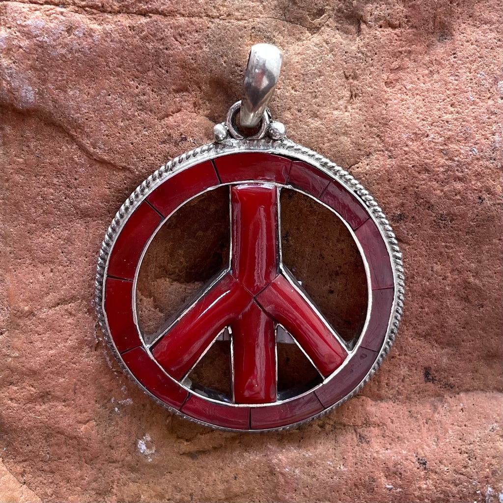 Silver Peace Pendant with Coral Inlay, Handmade Nepal Mandala Symbol