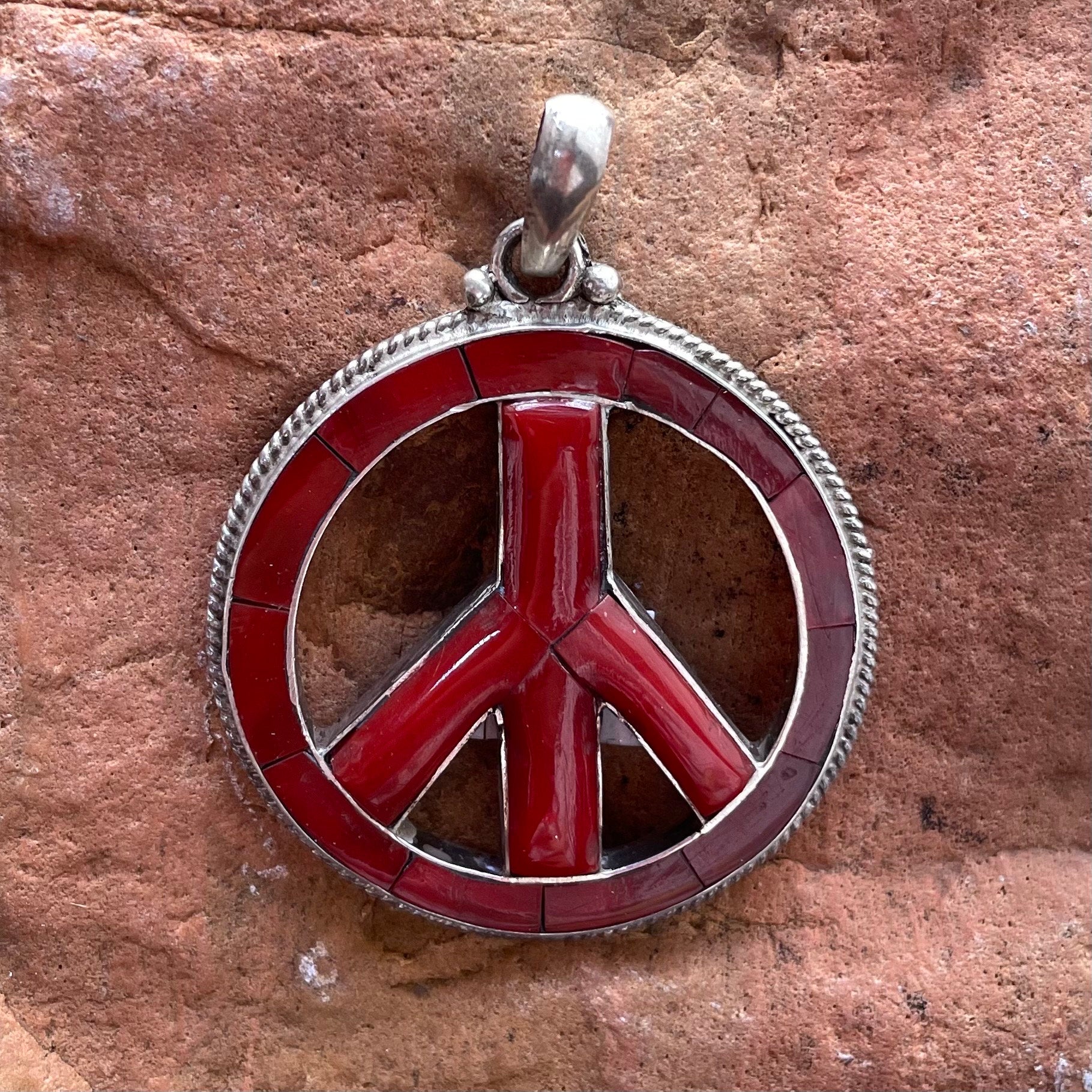 Silver Peace Pendant with Coral Inlay, Handmade Nepal Mandala Symbol