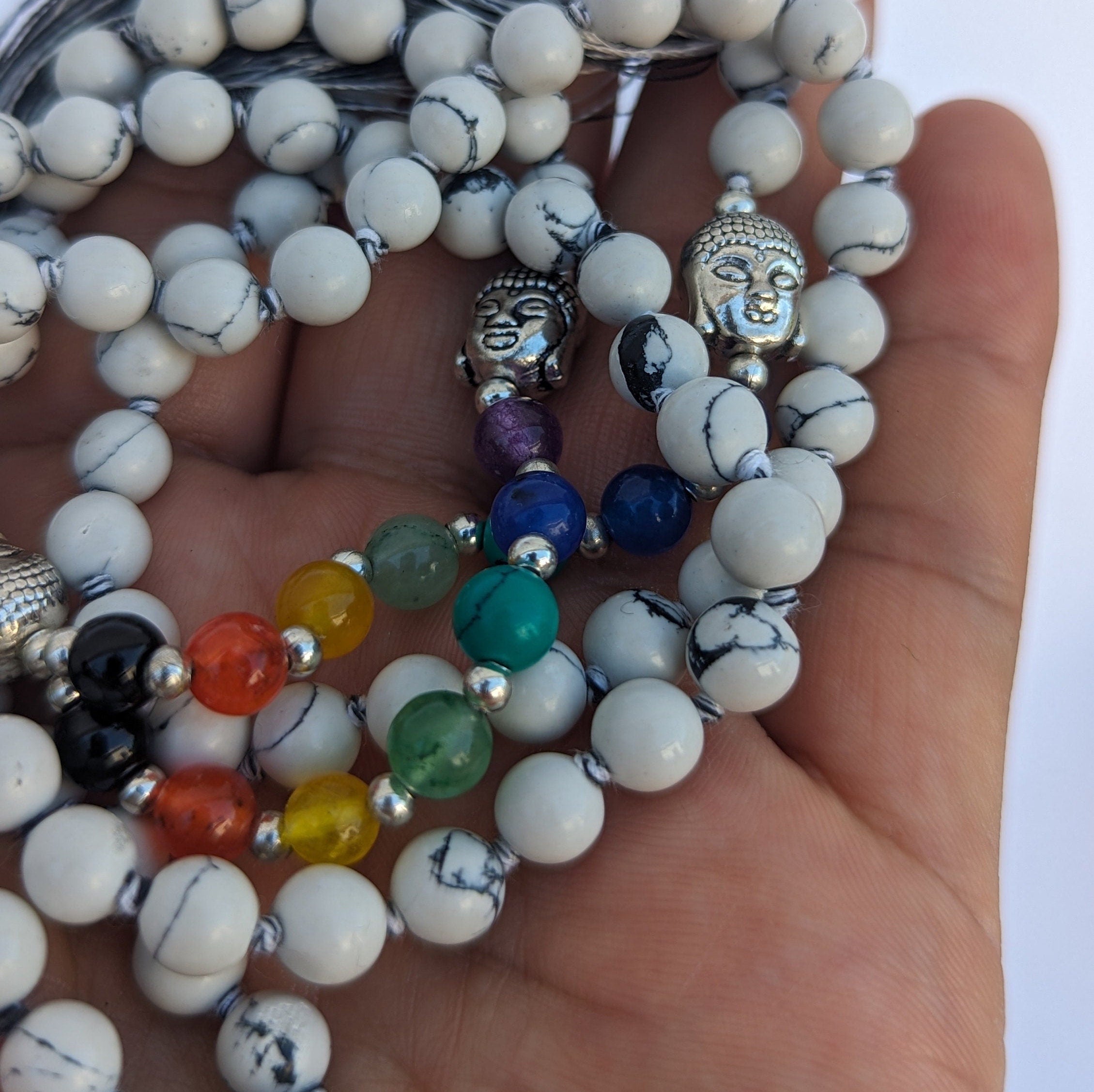 Howlite 7 Chakra Mala: Knotted Meditation Beads