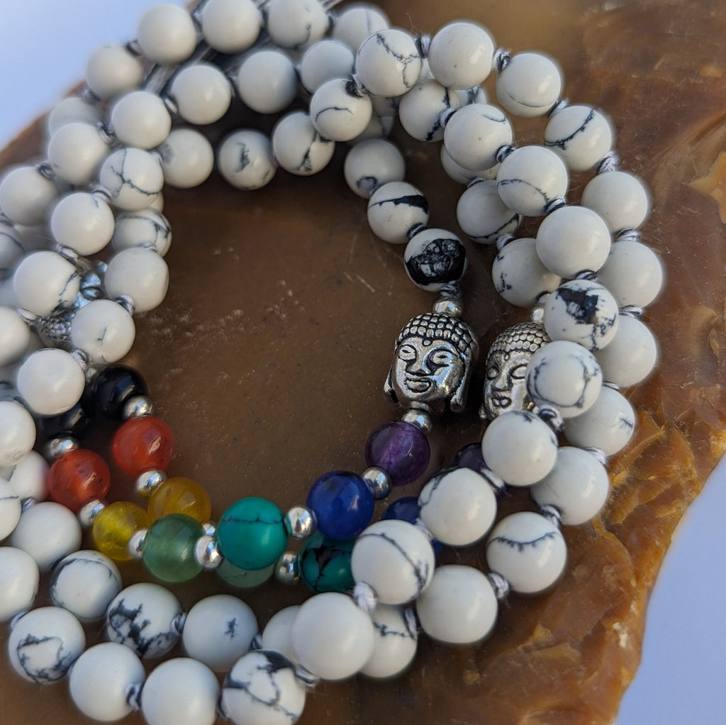 Howlite 7 Chakra Mala: Knotted Meditation Beads