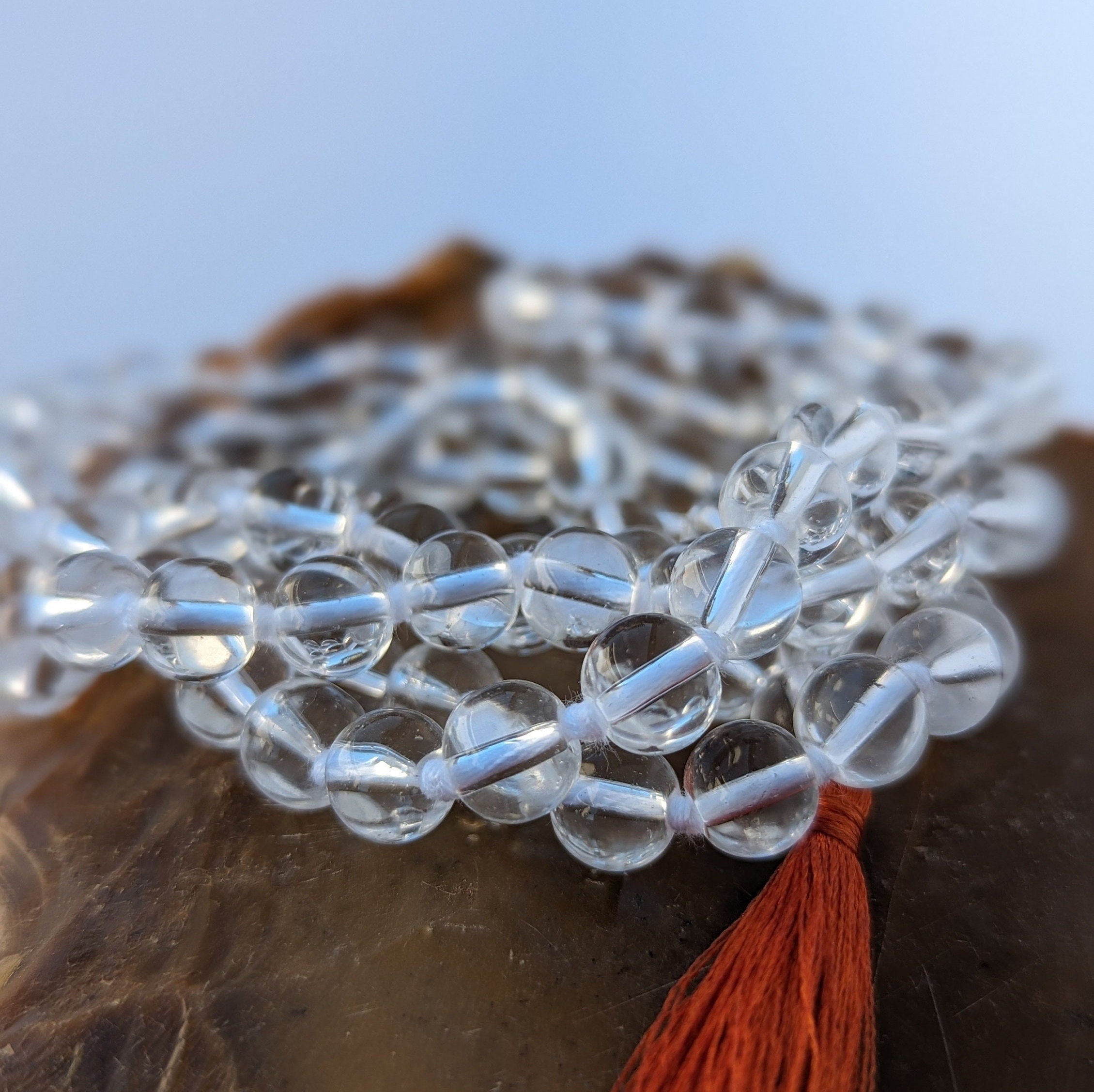 Knotted Clear Quartz Crystal Meditation Mala: 108 Beads, 8mm