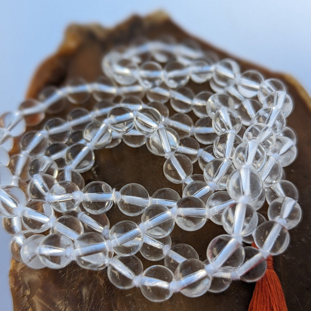 Knotted Clear Quartz Crystal Meditation Mala: 108 Beads, 8mm