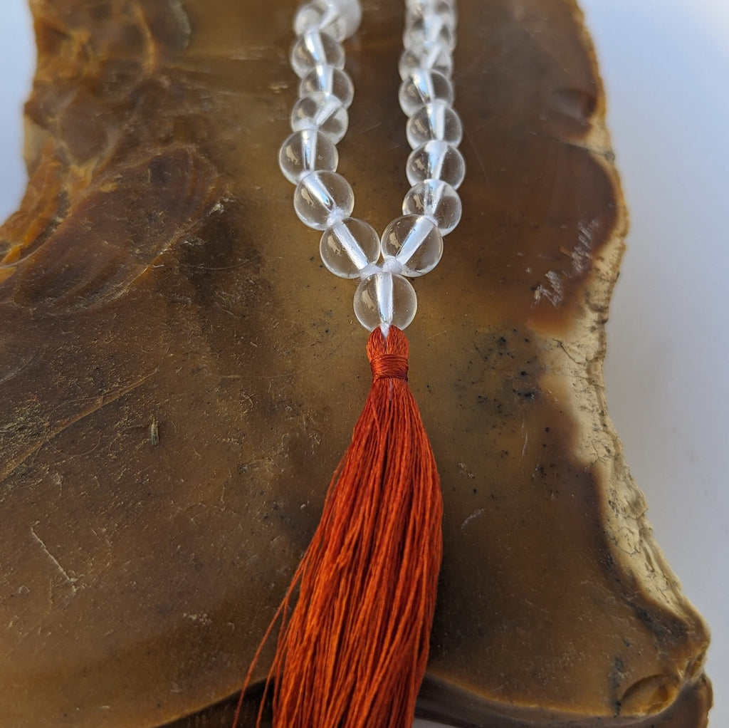 Knotted Clear Quartz Crystal Meditation Mala: 108 Beads, 8mm