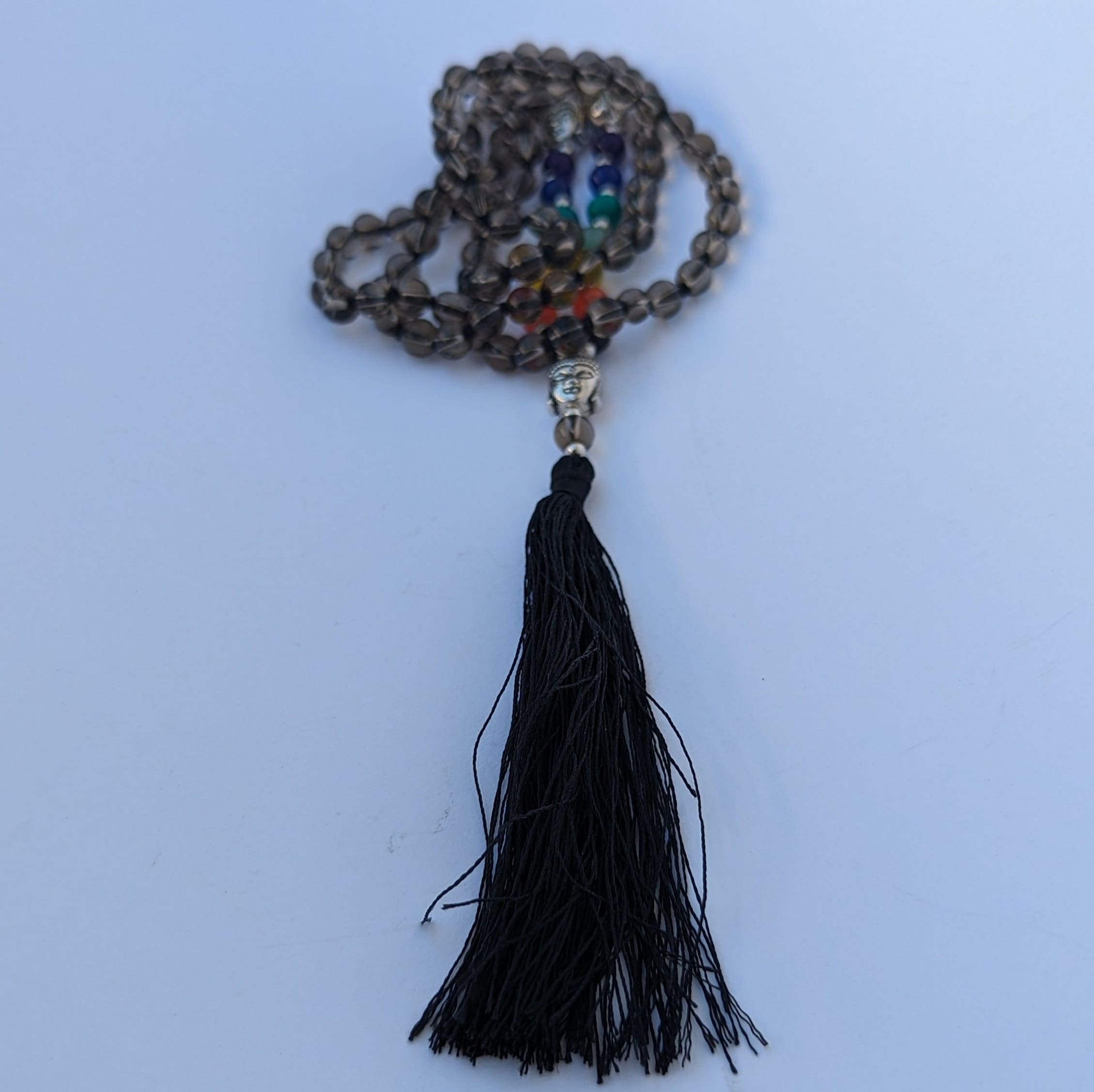 Smoky Quartz 7 Chakra Mala: Knotted Meditation Beads, 108 Beads