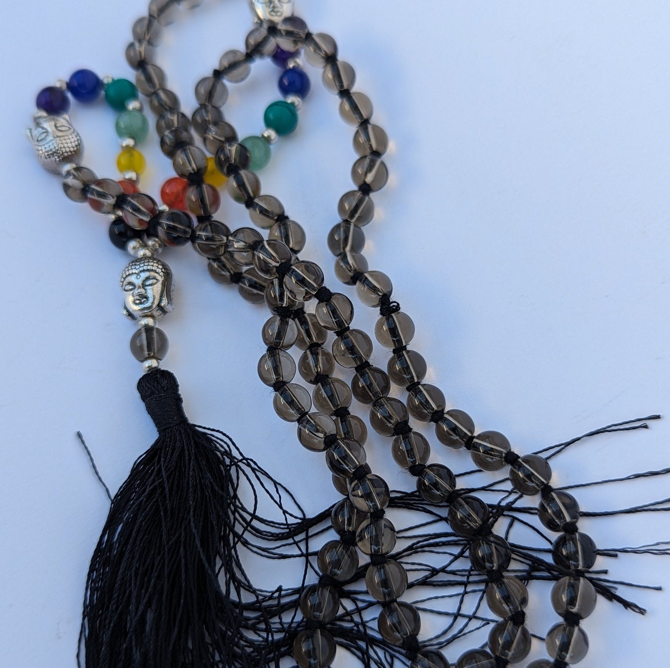 Smoky Quartz 7 Chakra Mala: Knotted Meditation Beads, 108 Beads