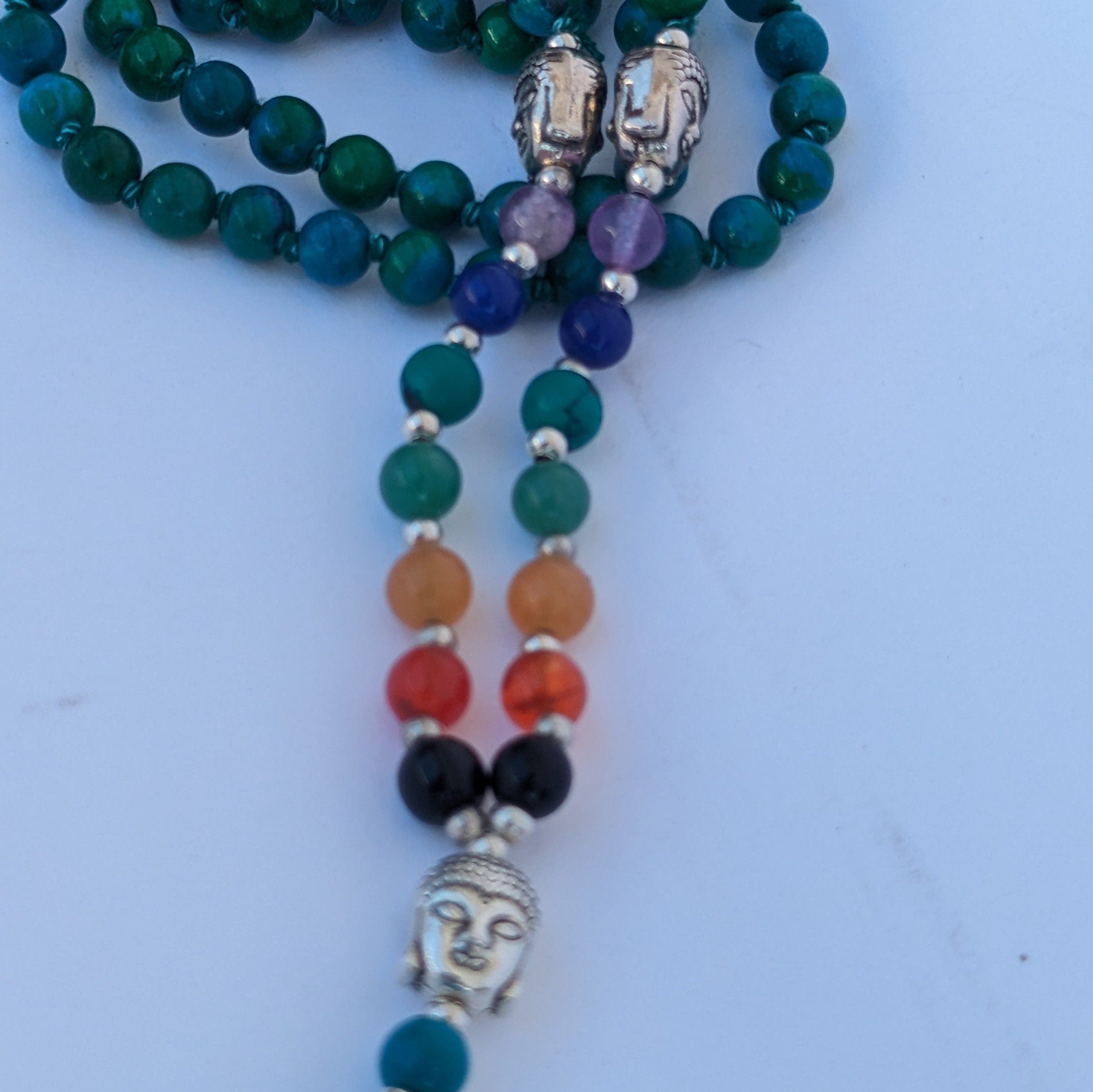 Chrysocolla 7 Chakra Mala: Knotted Meditation Beads, 108 Beads