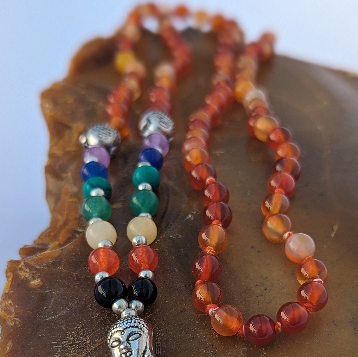 Carnelian 7 Chakra Mala: Knotted Bead Meditation Necklace