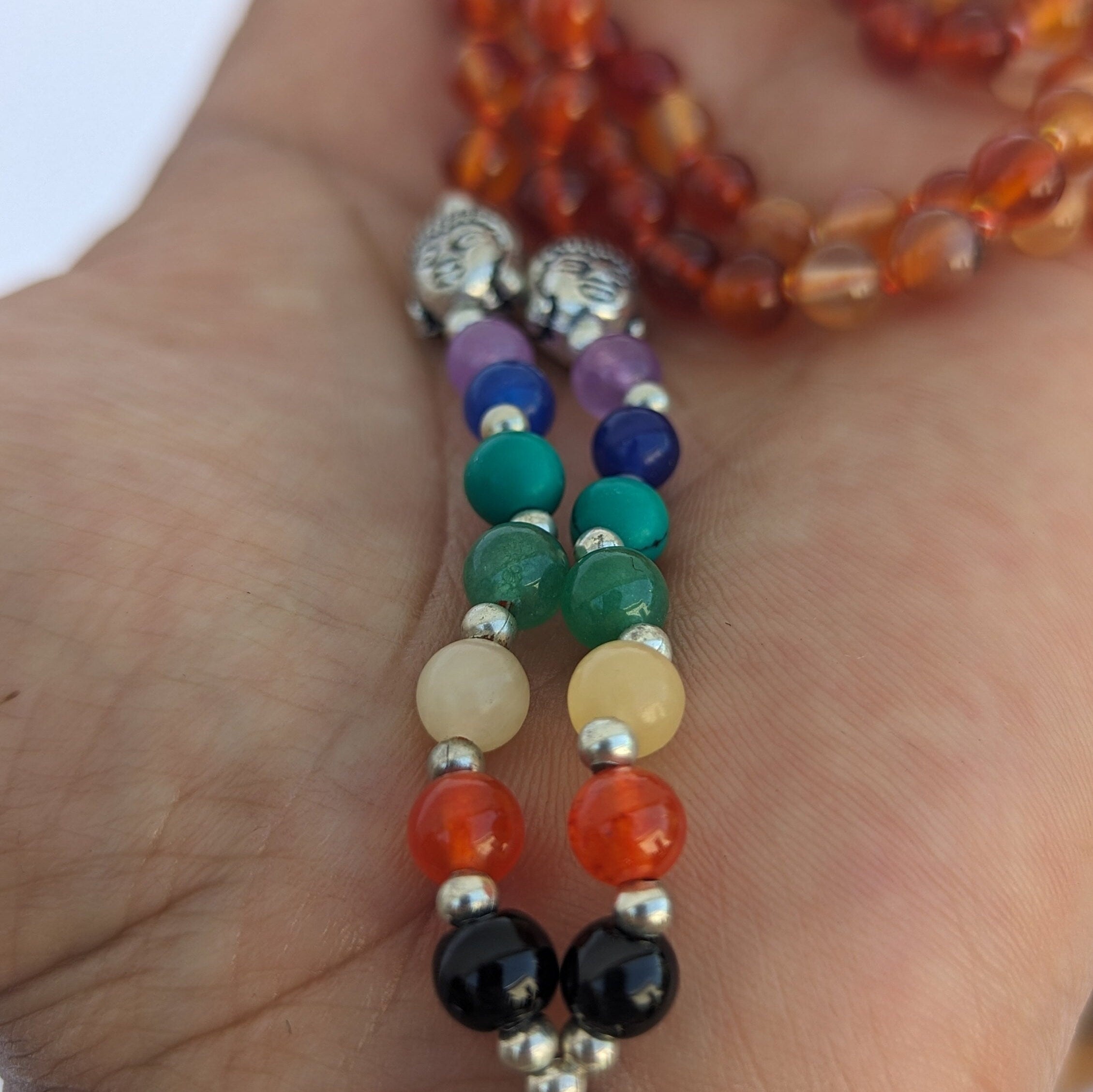 Carnelian 7 Chakra Mala: Knotted Bead Meditation Necklace