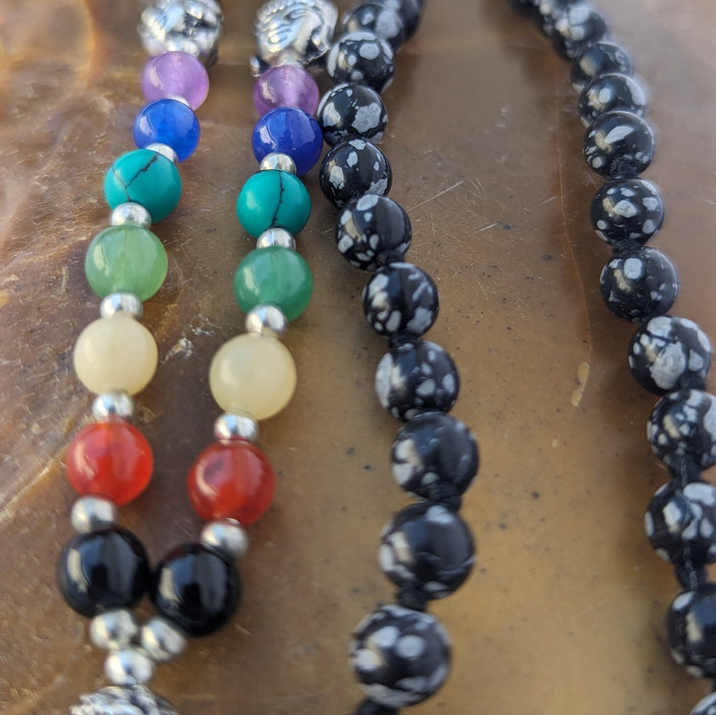 Snowflake Obsidian 7-Chakra Mala: Knotted Bead Meditation Necklace