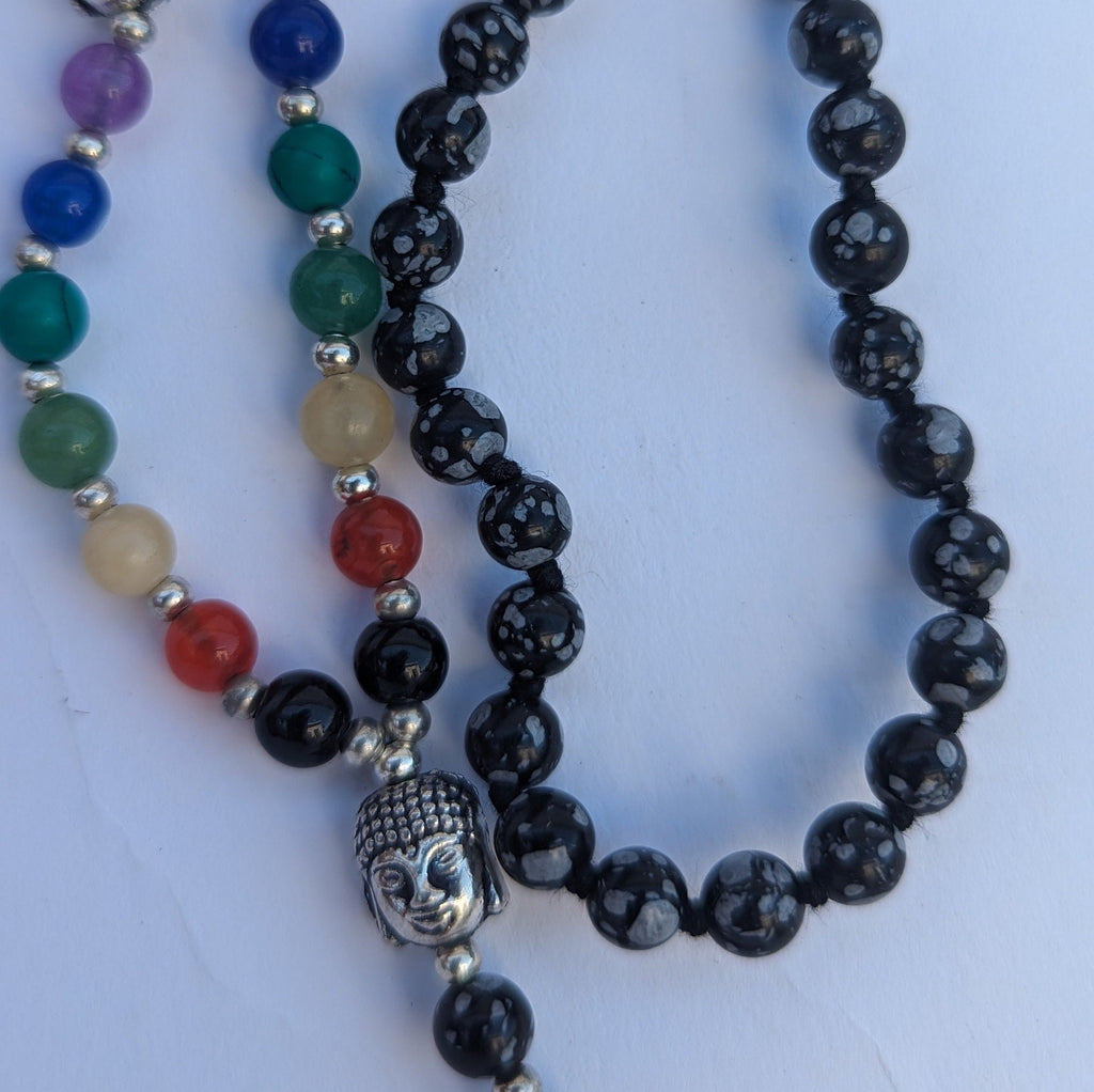 Snowflake Obsidian 7-Chakra Mala: Knotted Bead Meditation Necklace