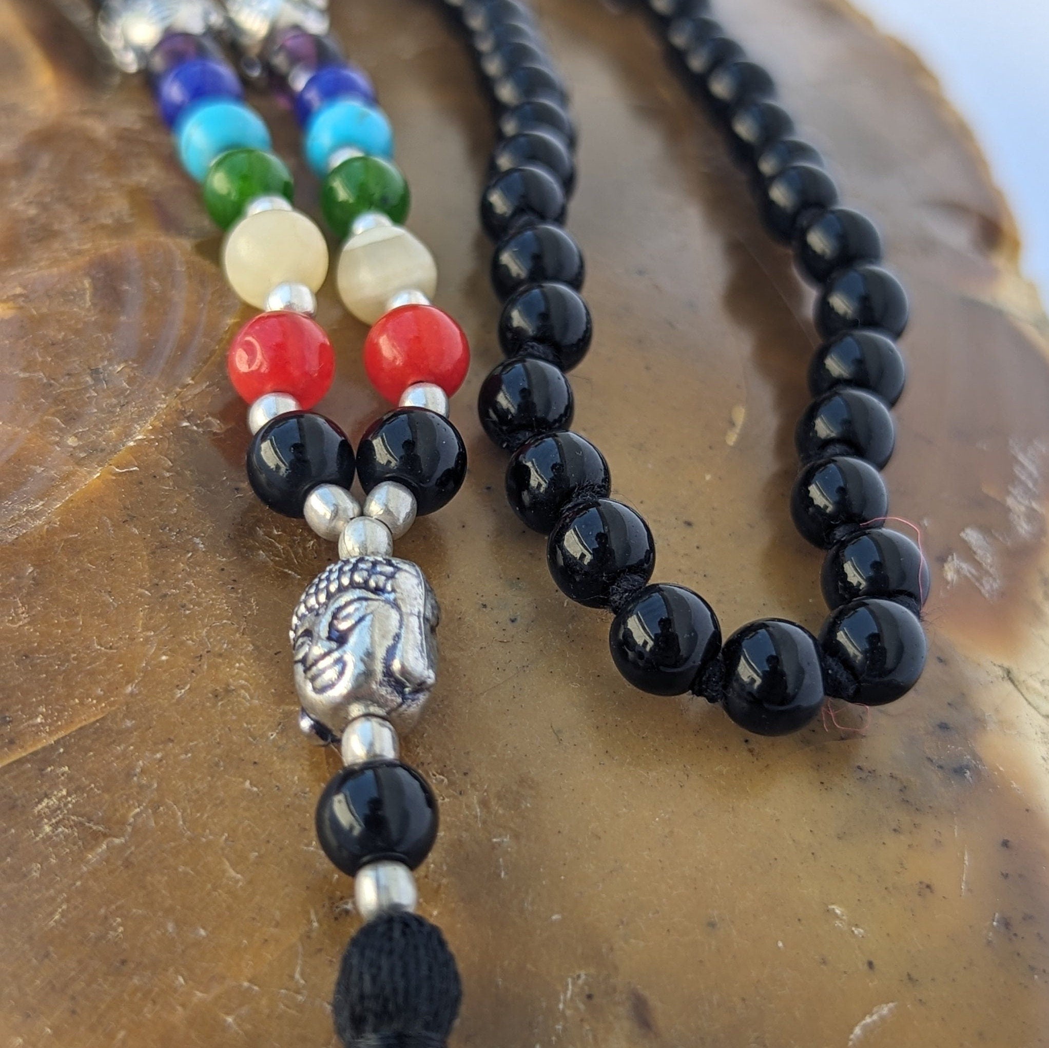 Black Onyx 7 Chakra Mala: Knotted Bead Meditation Necklace