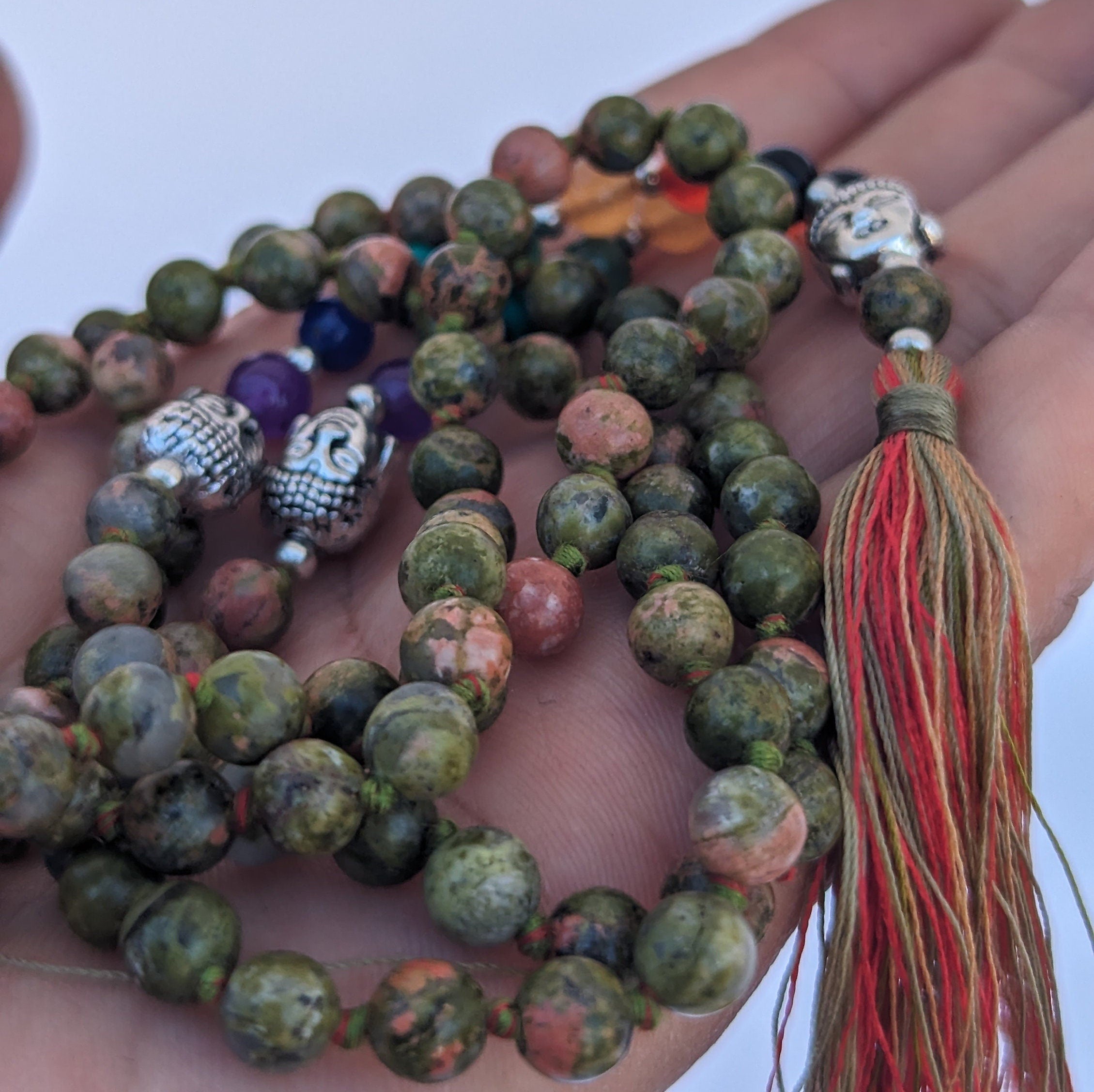 Unakite Jasper Mala: 7 Chakra Stone Meditation Beads