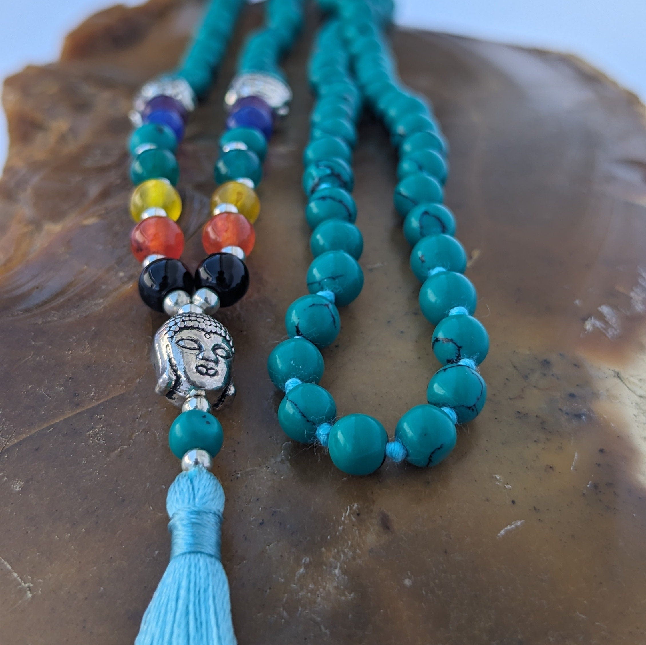 Turquoise 7 Chakra Stone Mala: Knotted Meditation Beads