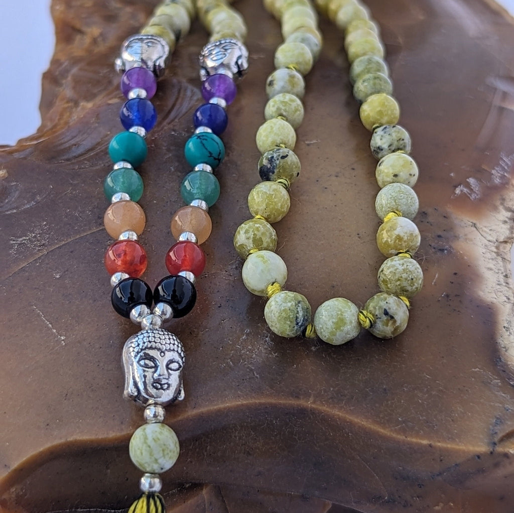 Green Jasper 7 Chakra Mala: Knotted Meditation Beads