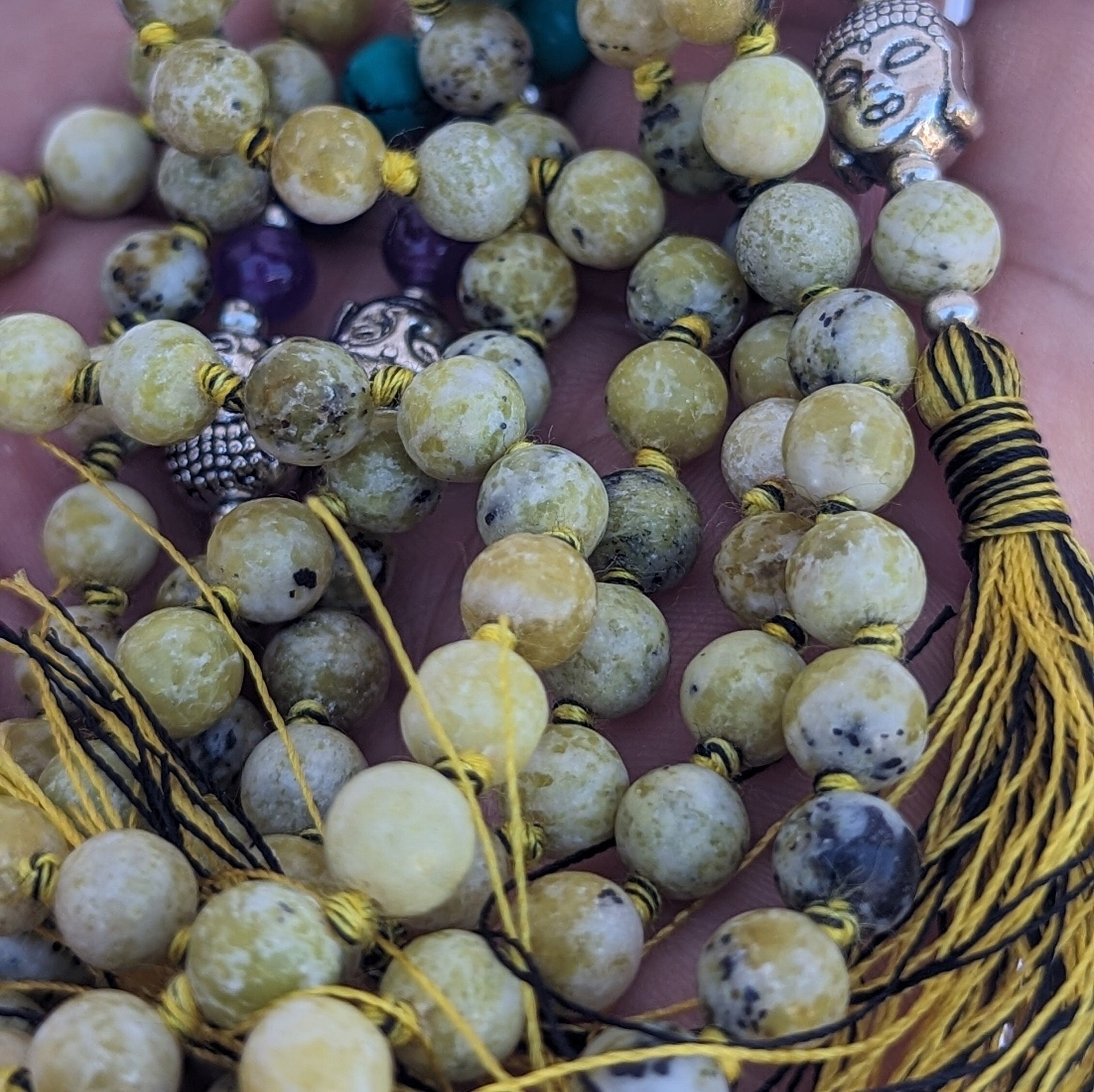 Green Jasper 7 Chakra Mala: Knotted Meditation Beads