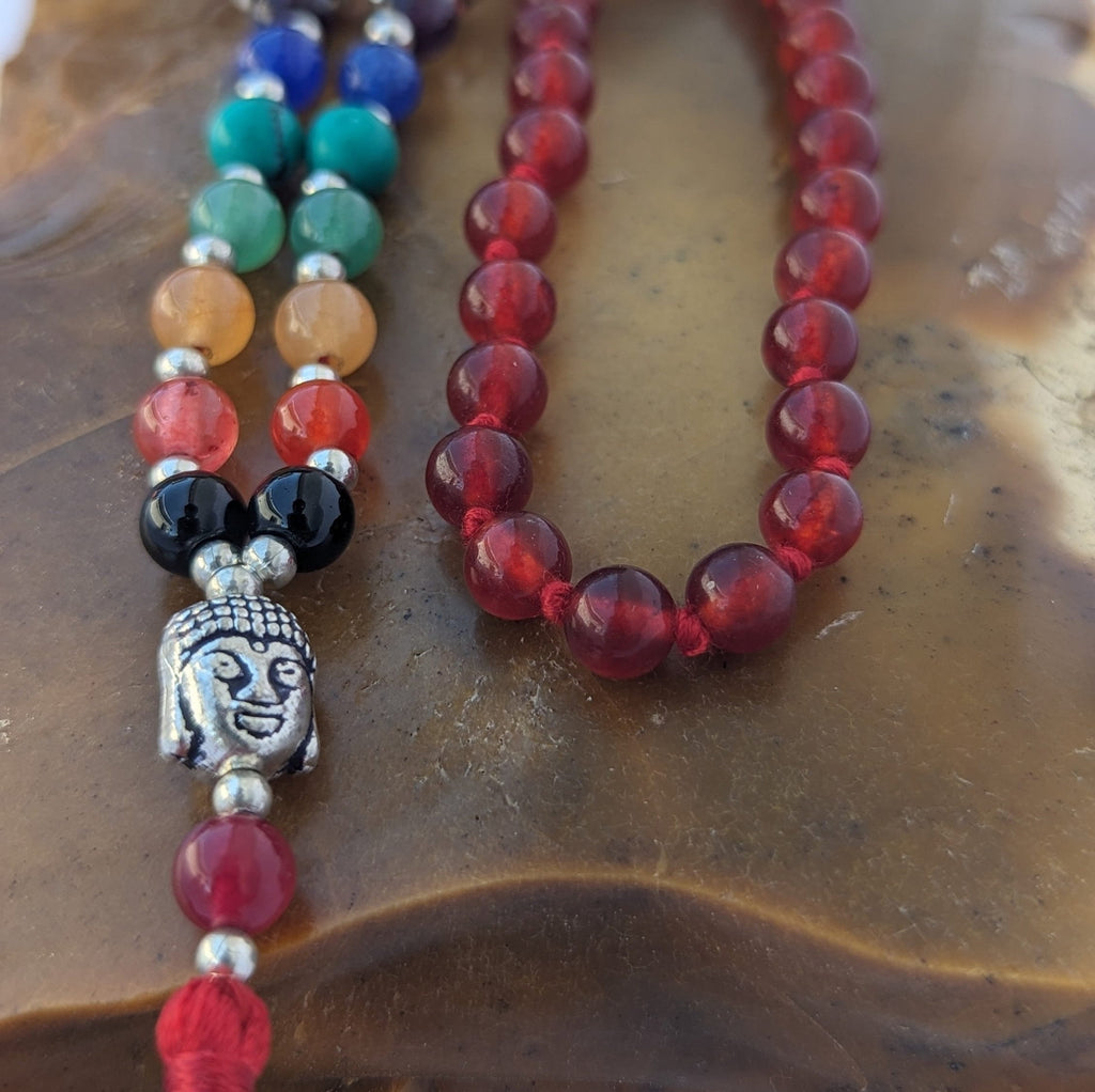 Red Agate 7 Chakra Mala: Knotted Meditation Beads