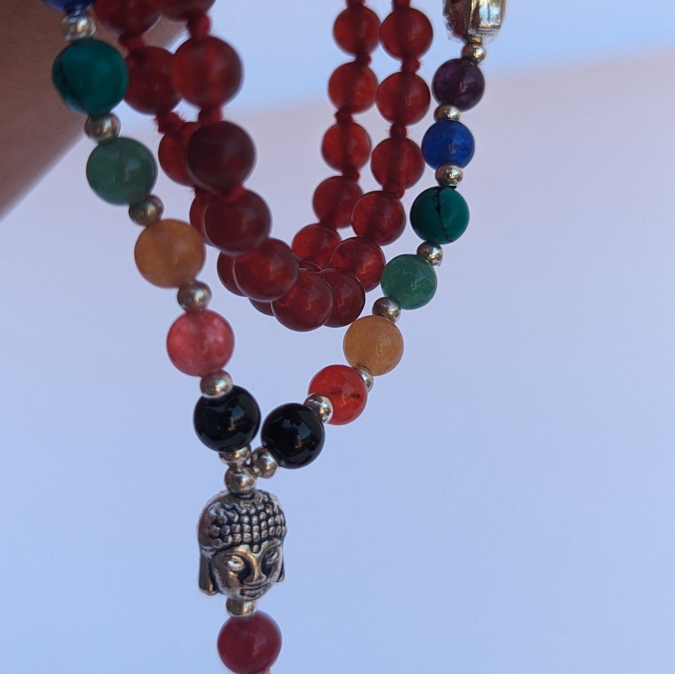 Red Agate 7 Chakra Mala: Knotted Meditation Beads