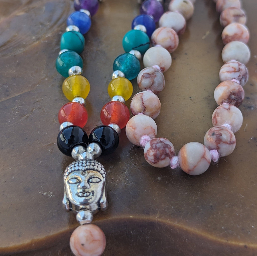 Red Picasso Jasper 7 Chakra Mala: Knotted Meditation Beads