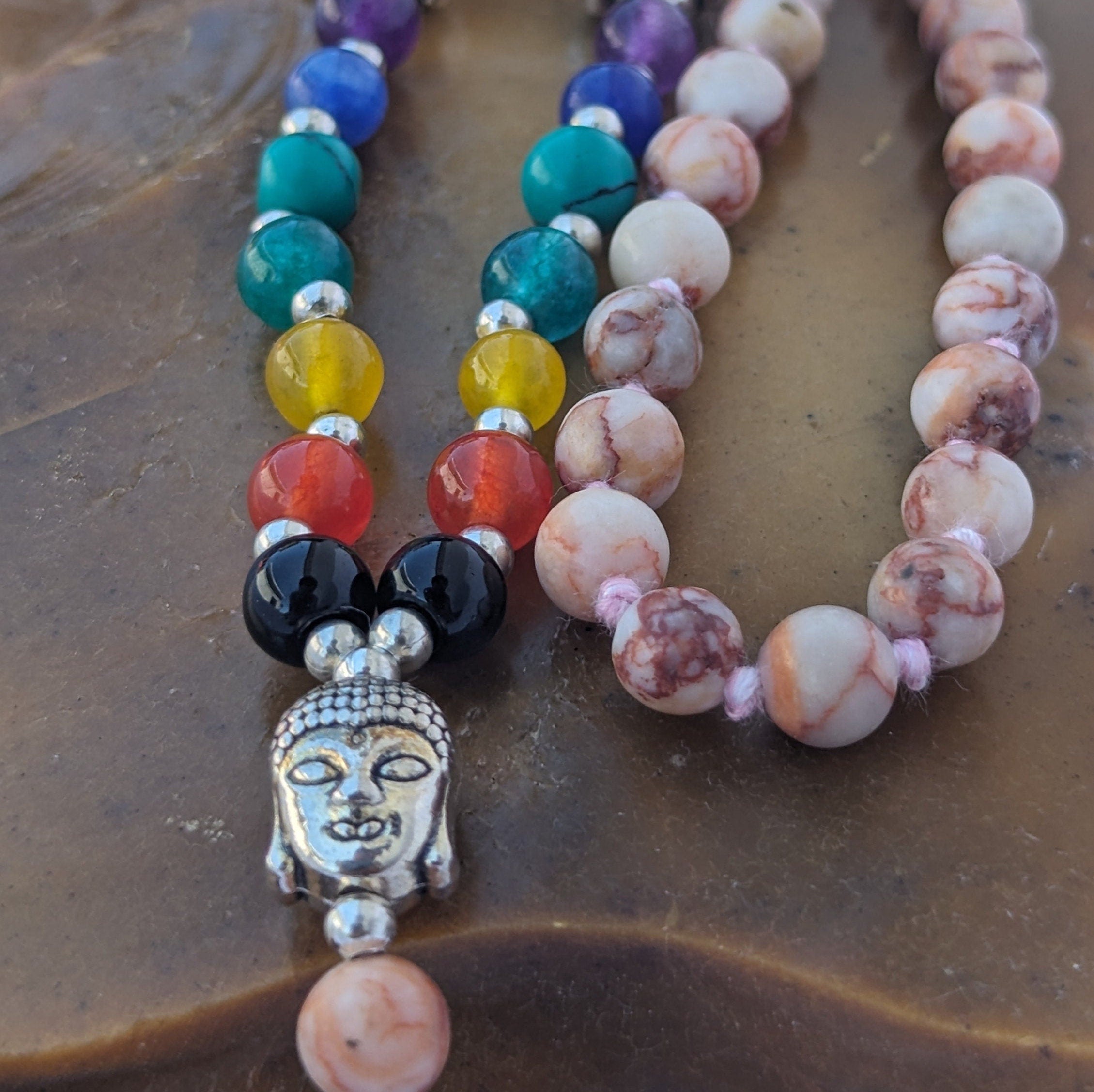 Red Picasso Jasper 7 Chakra Mala: Knotted Meditation Beads
