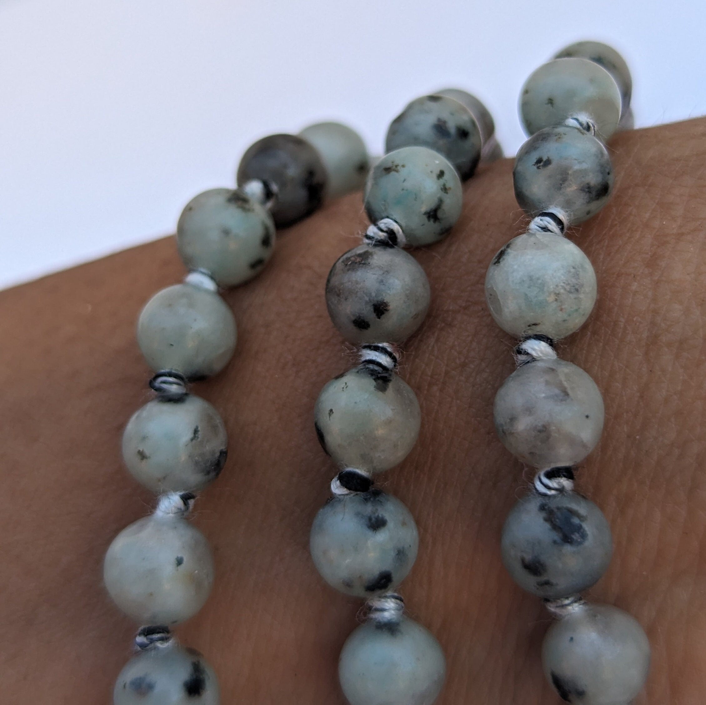 Kiwi Jasper 7 Chakra Mala: Knotted Meditation Beads