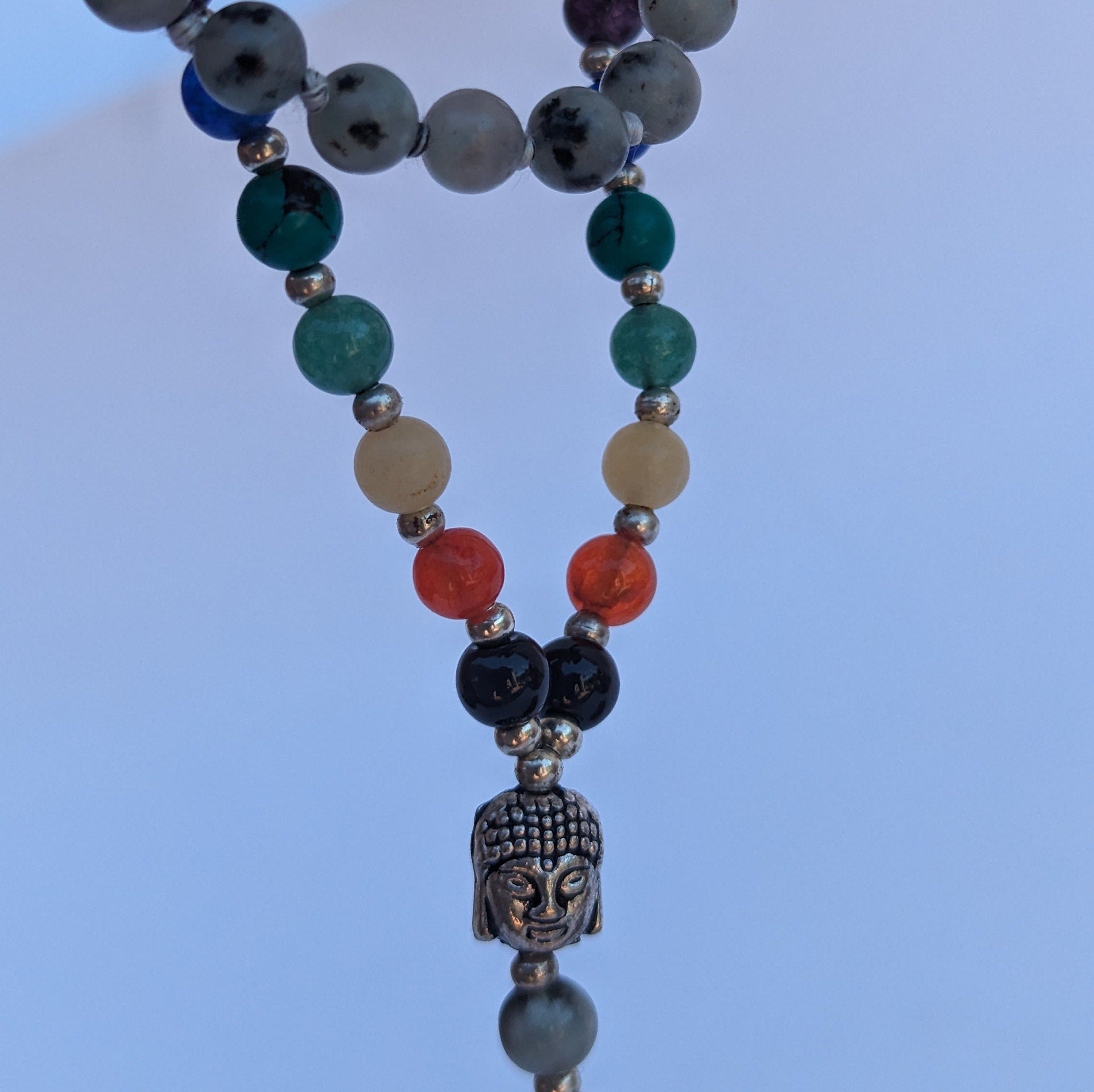 Kiwi Jasper 7 Chakra Mala: Knotted Meditation Beads