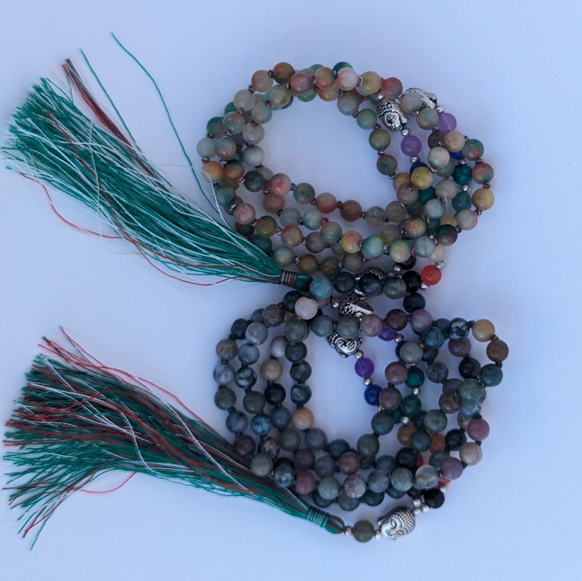 Moss Agate 7 Chakra Mala: Knotted Meditation Beads