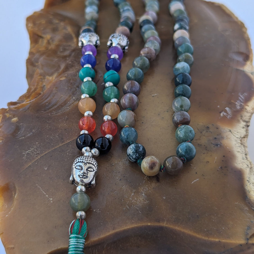 Moss Agate 7 Chakra Mala: Knotted Meditation Beads