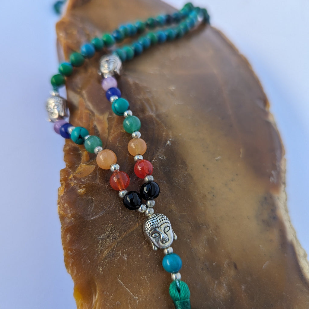 Chrysocolla 7 Chakra Mala: Knotted Meditation Beads, 108 Beads