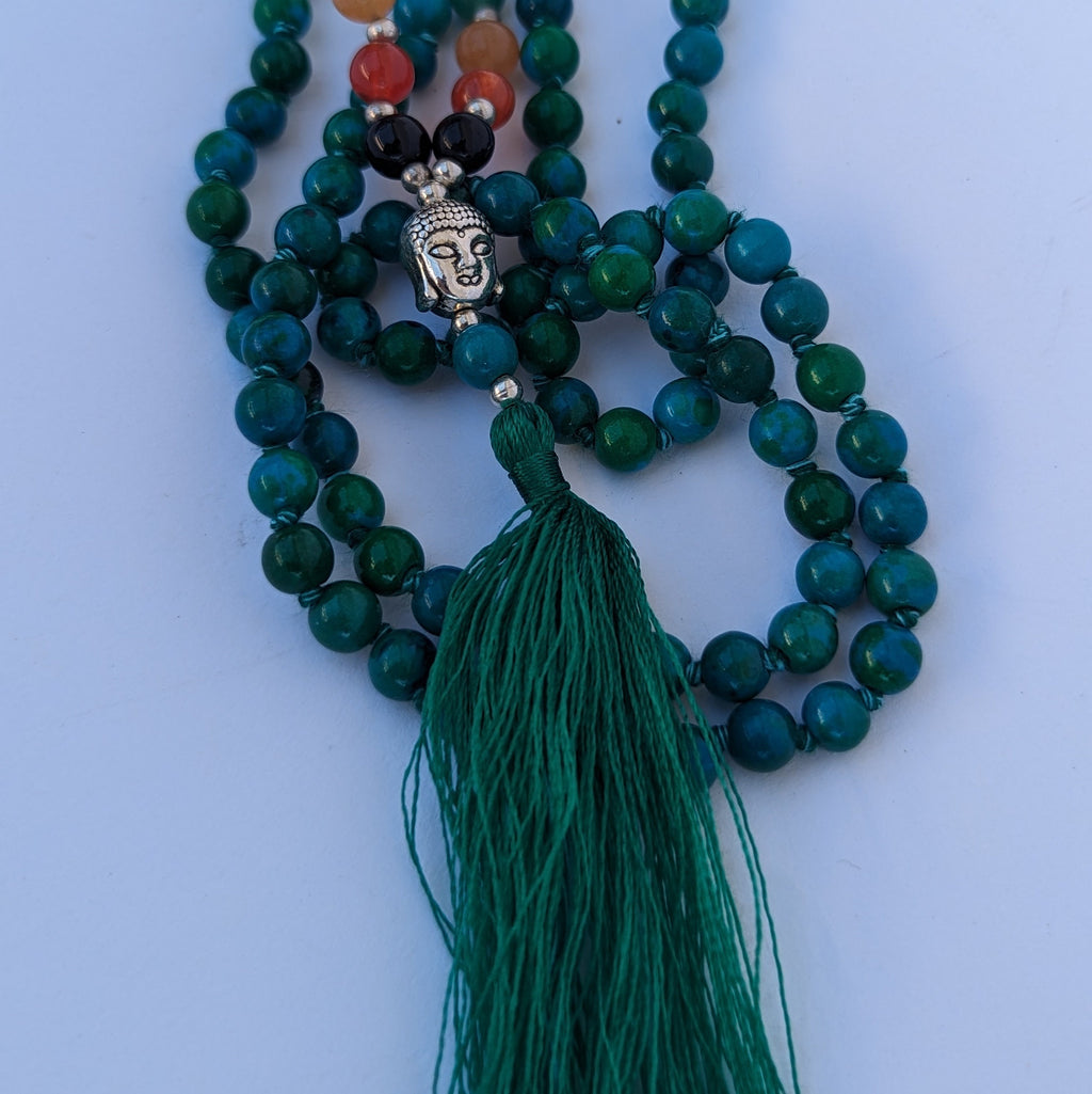 Chrysocolla 7 Chakra Mala: Knotted Meditation Beads, 108 Beads