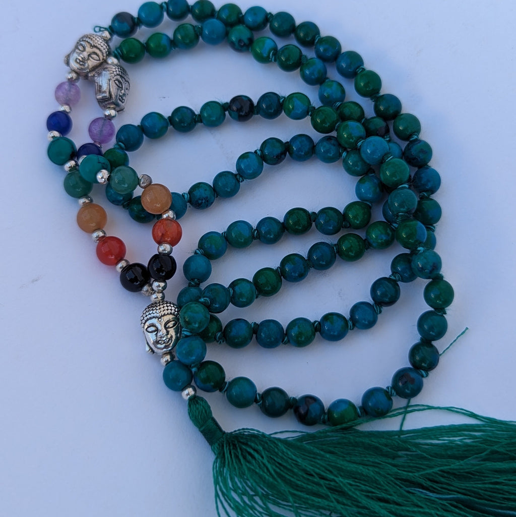 Chrysocolla 7 Chakra Mala: Knotted Meditation Beads, 108 Beads