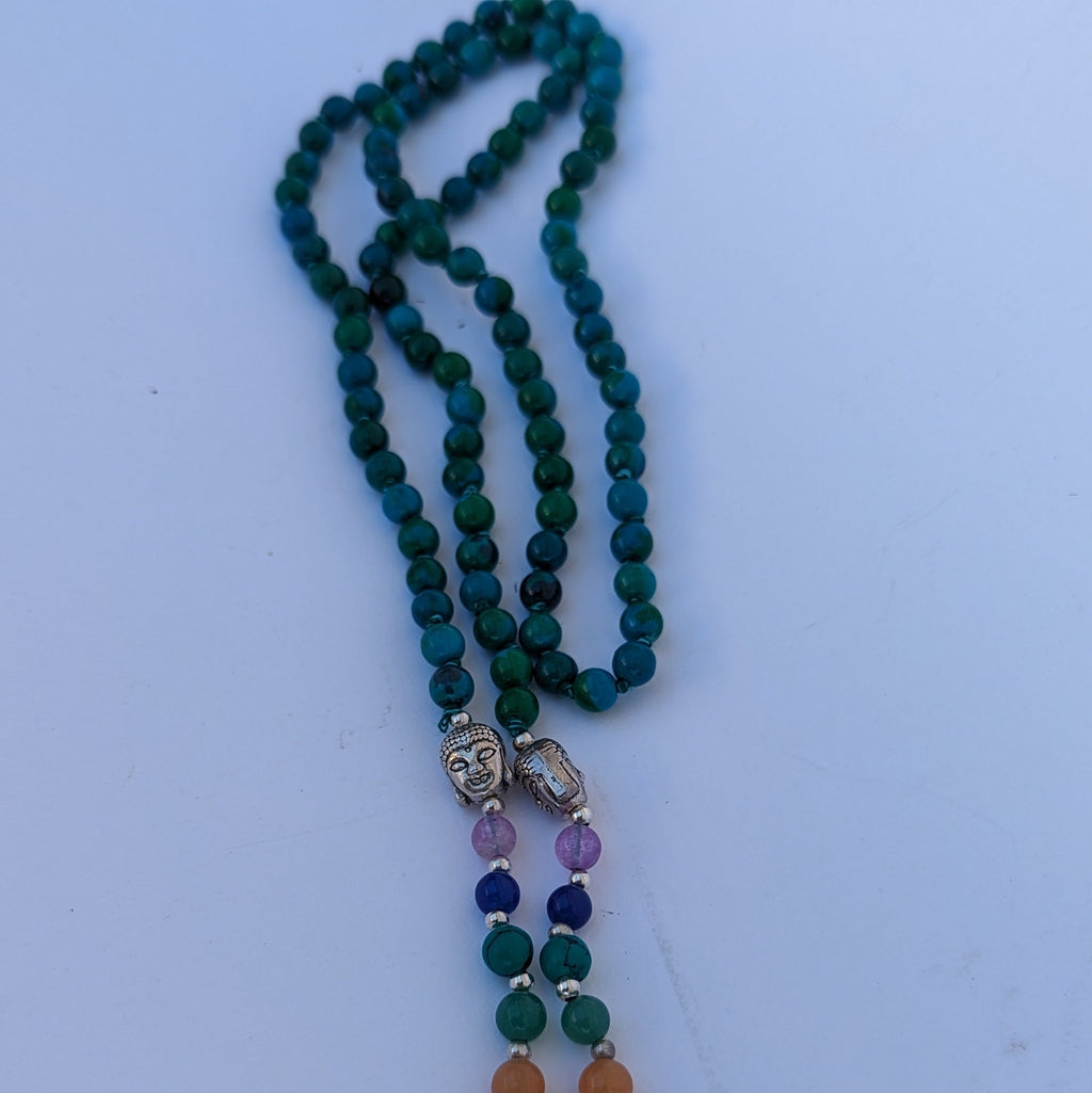 Chrysocolla 7 Chakra Mala: Knotted Meditation Beads, 108 Beads