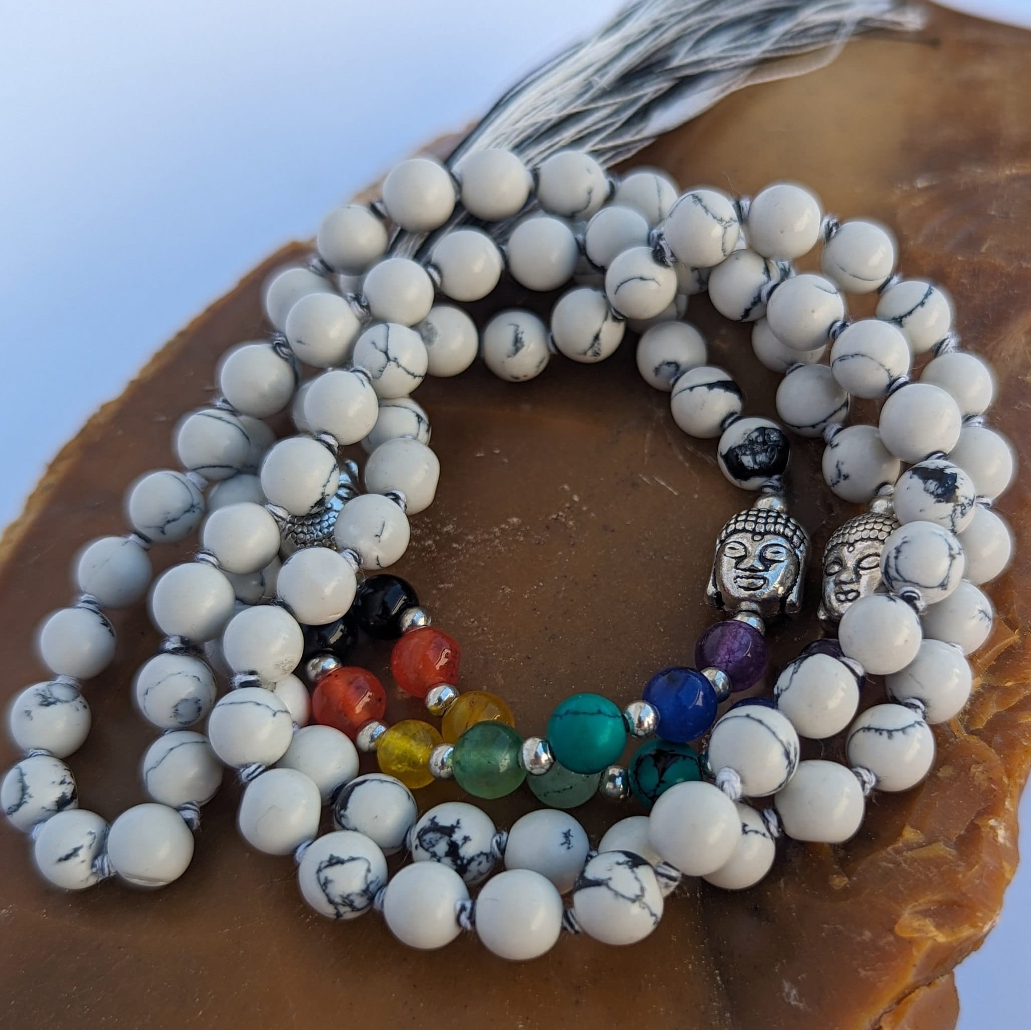 Howlite 7 Chakra Mala: Knotted Meditation Beads