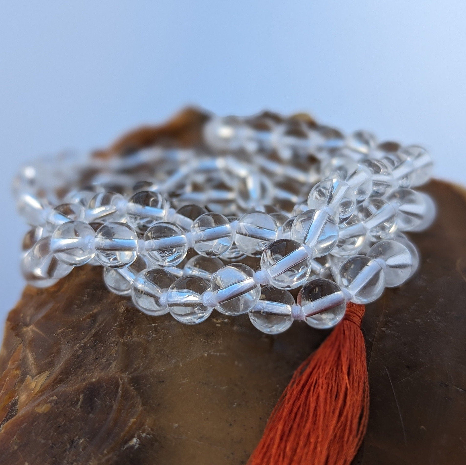 Knotted Clear Quartz Crystal Meditation Mala: 108 Beads, 8mm