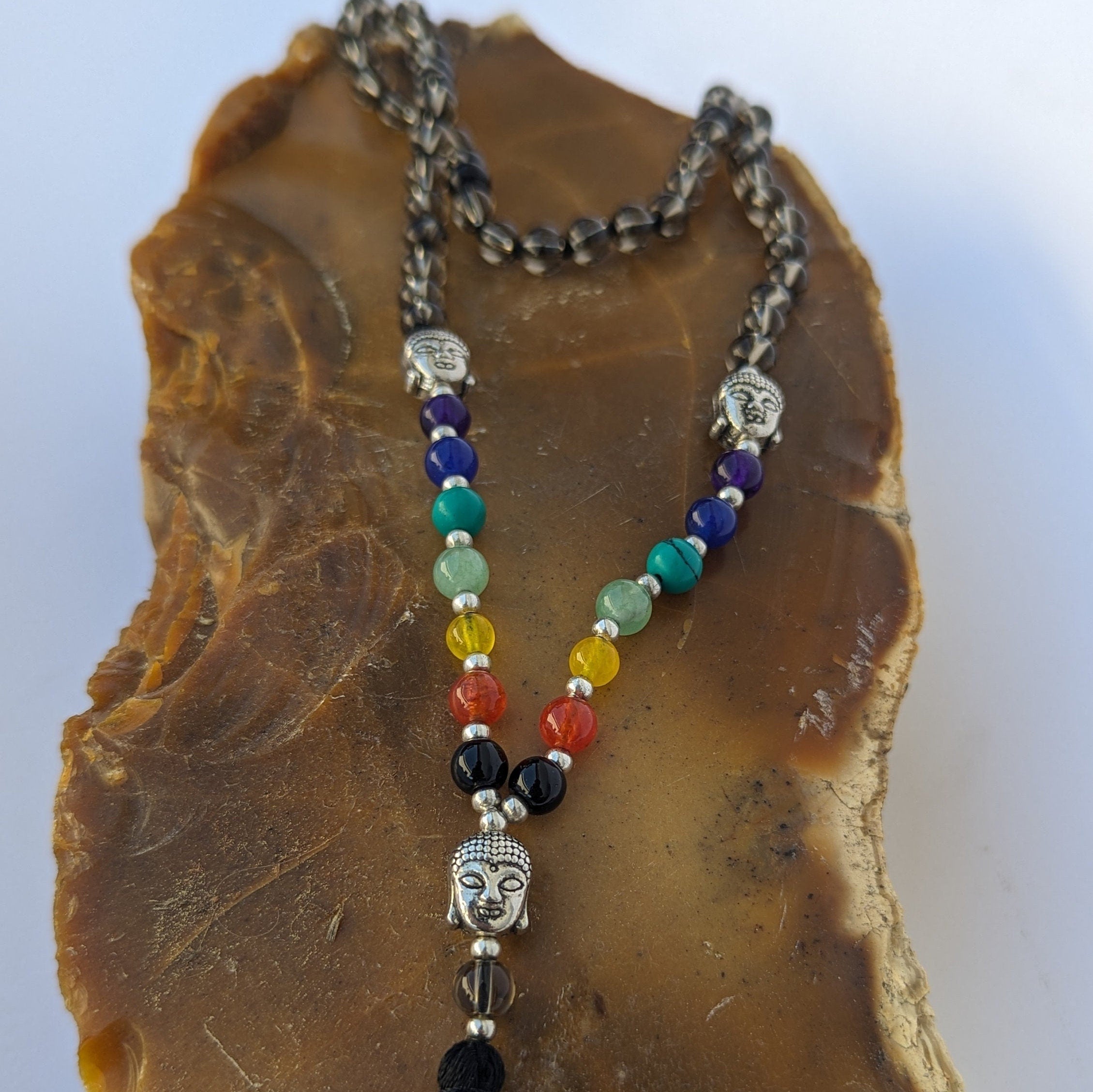 Smoky Quartz 7 Chakra Mala: Knotted Meditation Beads, 108 Beads