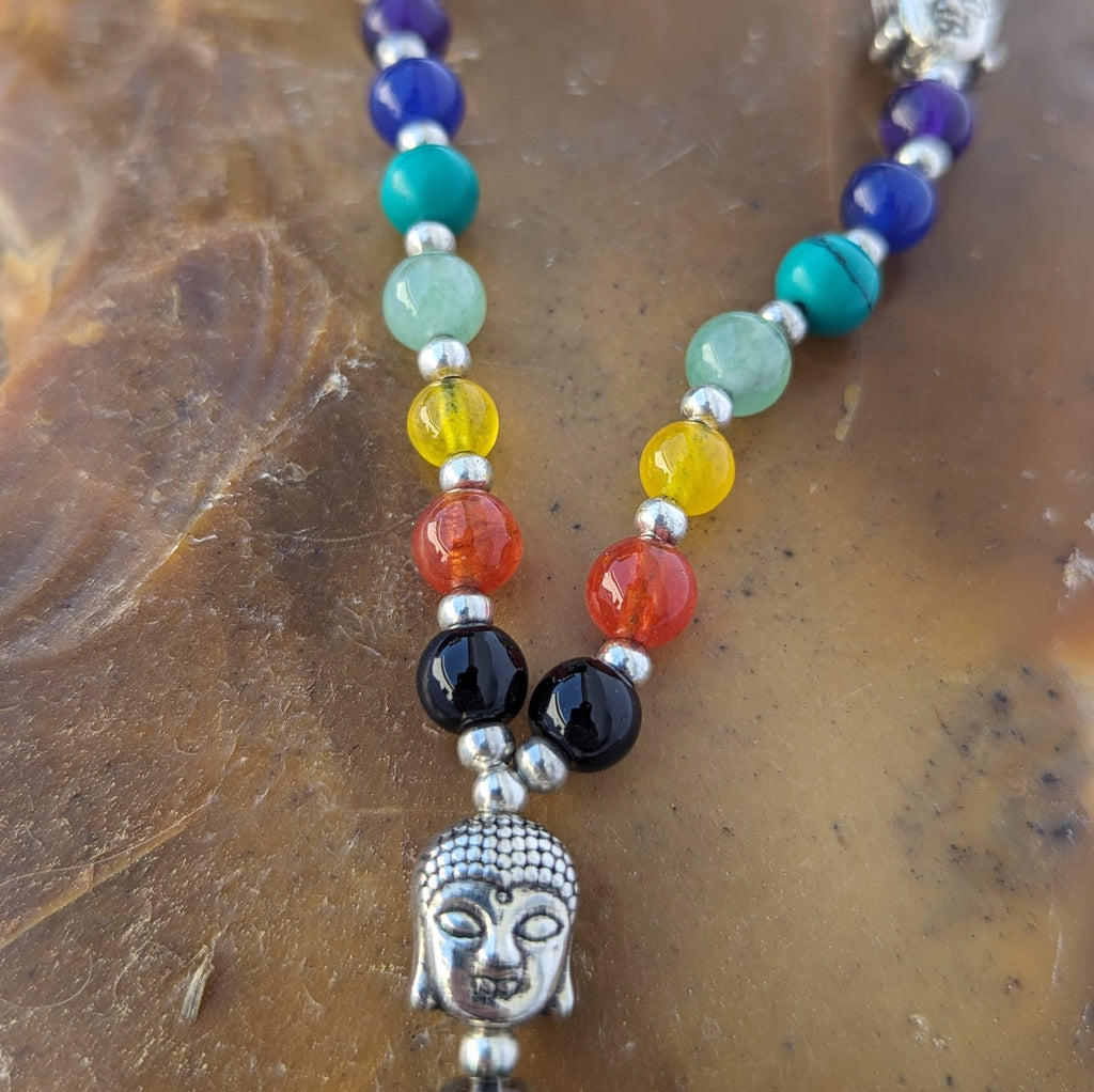 Smoky Quartz 7 Chakra Mala: Knotted Meditation Beads, 108 Beads