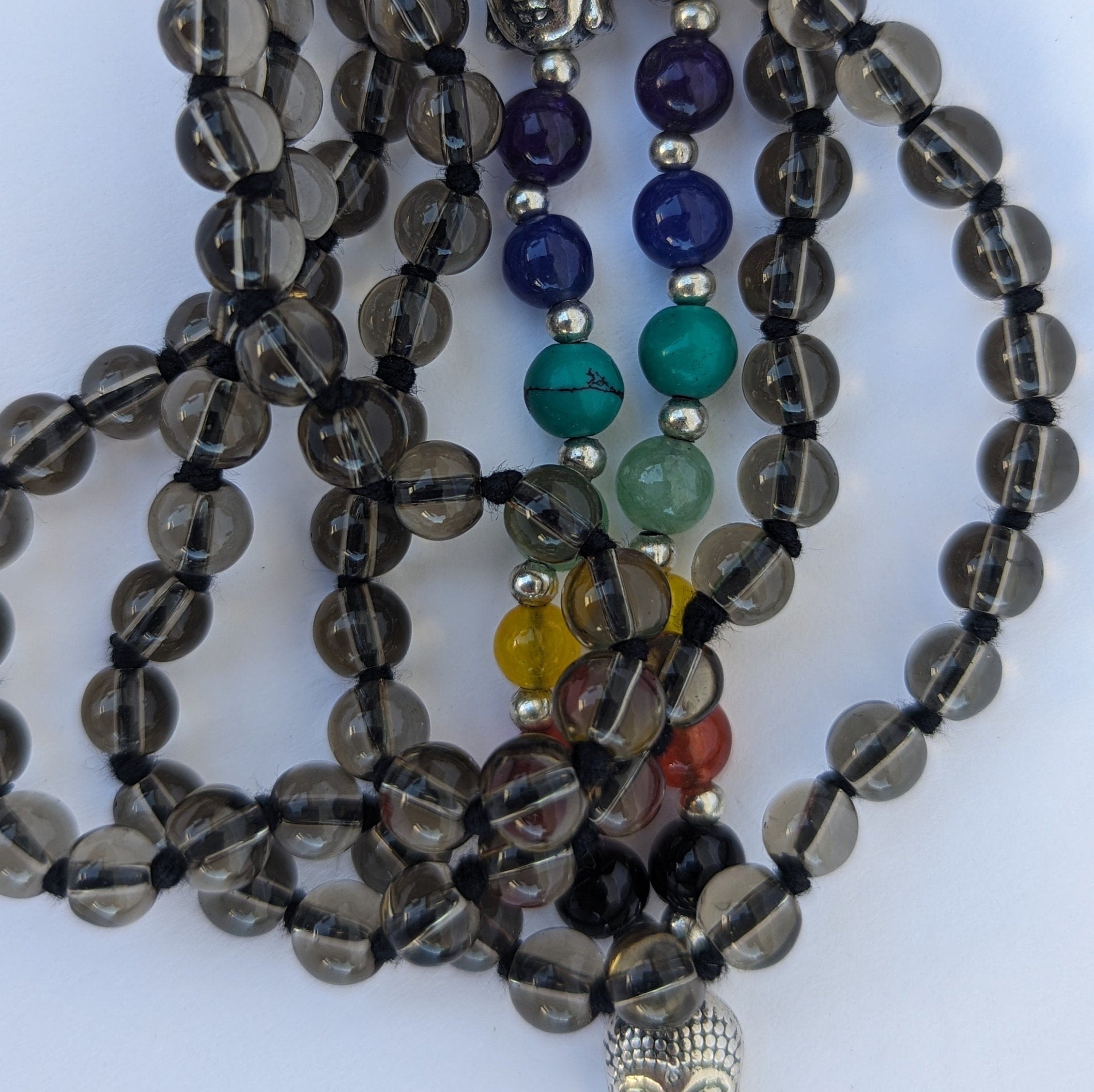Smoky Quartz 7 Chakra Mala: Knotted Meditation Beads, 108 Beads