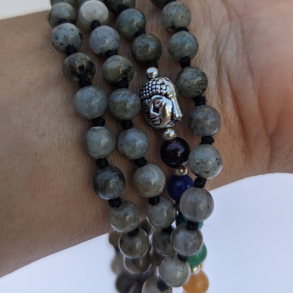 Labradorite 7 Chakra Mala: Knotted Bead Meditation Crystal Mala