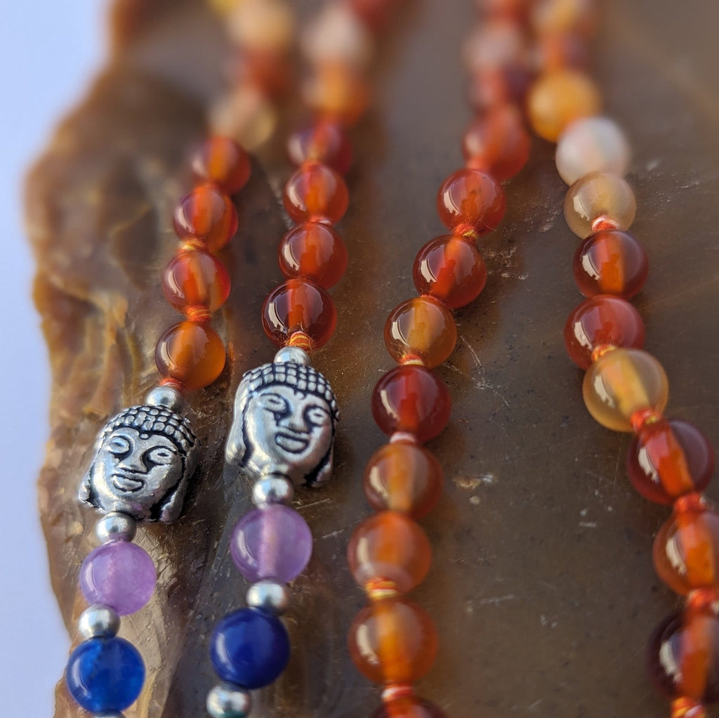 Carnelian 7 Chakra Mala: Knotted Bead Meditation Necklace